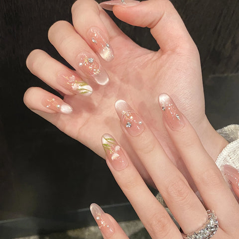 10 Stück Rouge-Katzenaugen-Maniküre, handbemalte Tulpenblume, glänzender Strass, zum Aufdrücken der Nägel, süßes Rosa, Frühlings-/Sommer-Kunstnägel 