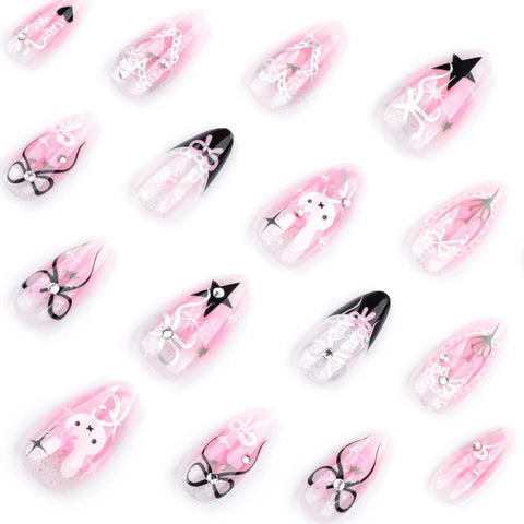 24 uñas postizas con diseño de tulipán en color negro, francés, rubor, almendra y lazos, con bonitos diseños de conejos Y2K. 