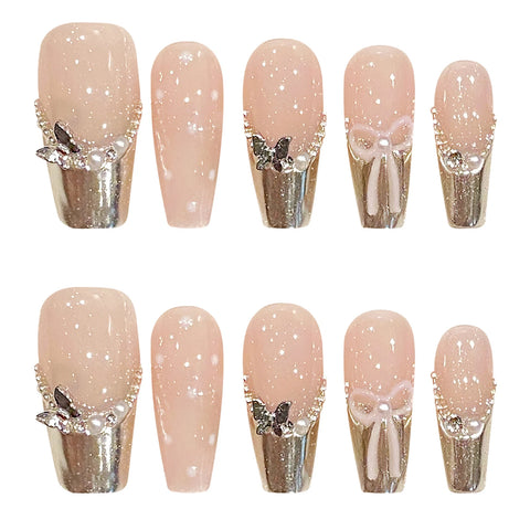 10 Stück handgefertigte französische Spitzen, falsche Nägel, mittellang, Sarg, künstliche Nägel, Metall, Schmetterling, Perle, Schleifen, Designs zum Aufdrücken der Nägel 