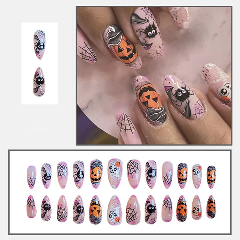 24 parches de uñas postizas rosa claro con diseño de calabaza, telaraña, calavera de terror, uñas postizas de Halloween, manicura usable 