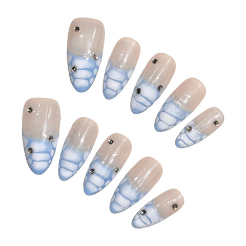 10 uñas postizas hechas a mano con estampado de cocodrilo, estilo francés, cobertura completa, almendra, para mujer. 