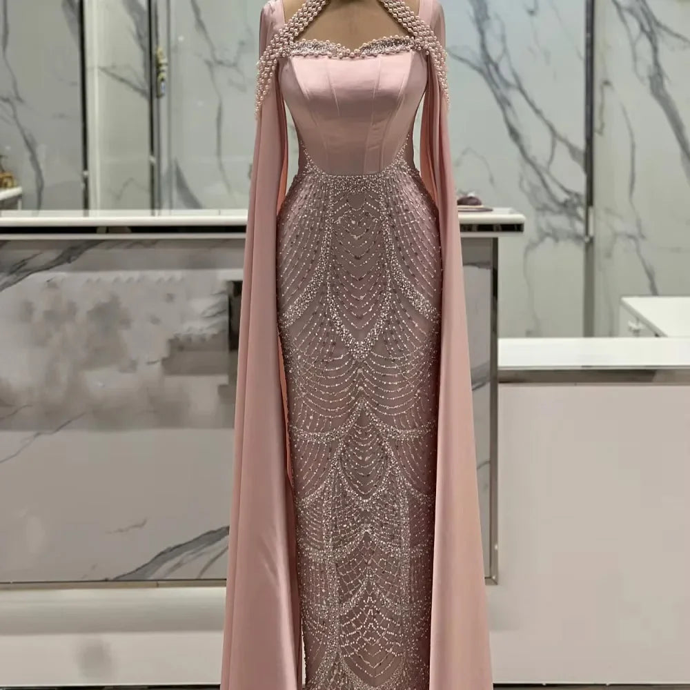 Luxuriöses rosa Abendkleid mit arabischen Perlen und Cape LA73051