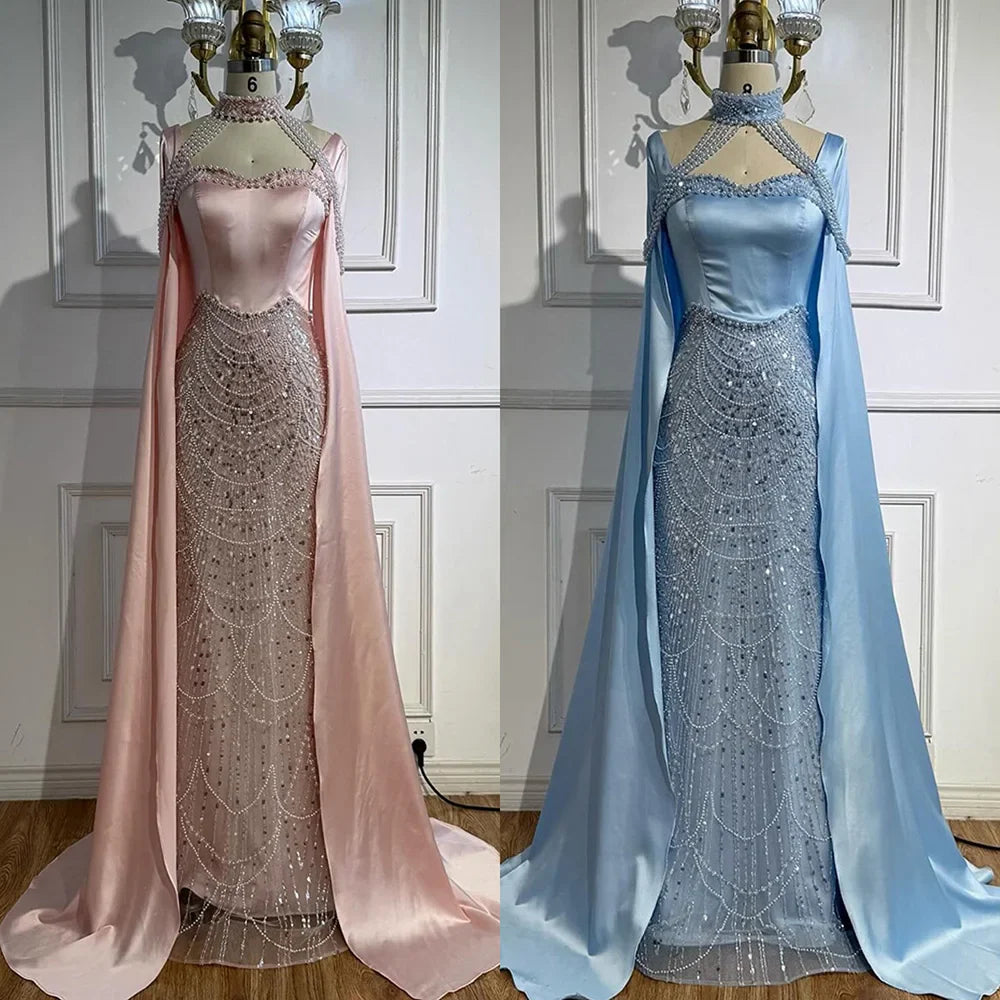 Luxuriöses rosa Abendkleid mit arabischen Perlen und Cape LA73051