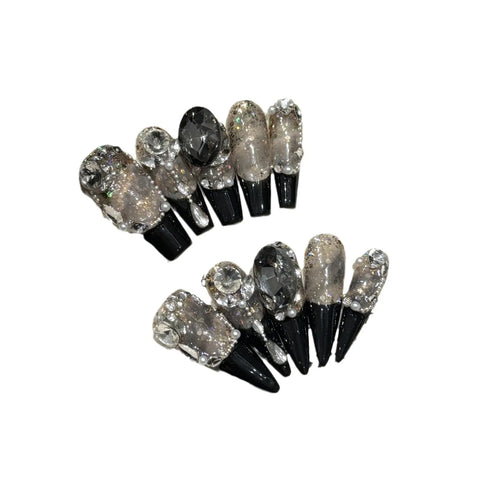 10 Stück schwarze Press-On-Nägel im französischen Stil, handgefertigt, voller Flash-Strass-Dekor, leichte, luxuriöse künstliche Nägel für heiße Mädchen 
