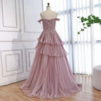 Vestido de noche de lujo rosa con volantes y cuentas, corte A, LA73385 