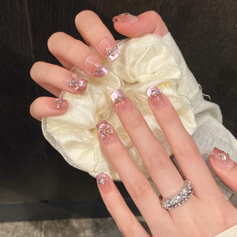 10 Stück Fantasy RRose Pink French Style Press On Nails Schimmernder Diamant Schmetterling Süßer handgemachter falscher Nagel Koreanische tragbare Nägel 