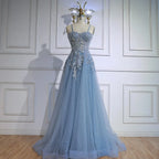 Luxuriöses graues Tüll-Abendkleid in A-Linie mit floralen Applikationen LA73015
