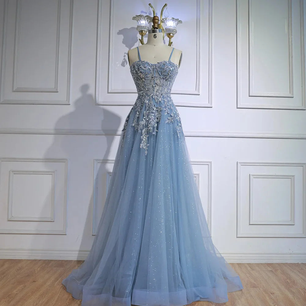Luxuriöses graues Tüll-Abendkleid in A-Linie mit floralen Applikationen LA73015