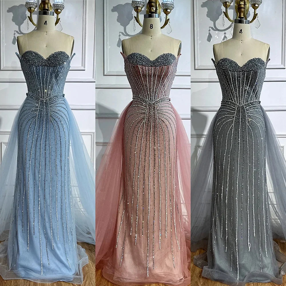 Abendkleid im arabischen Meerjungfrauenstil mit rosa Perlen und Überrock, besetzt mit rosa Perlen, LA72811B