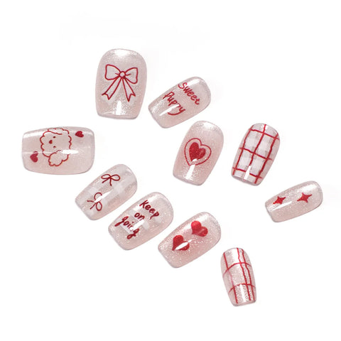 10 uñas postizas hechas a mano con diseño de perro kawaii, diseño de ojo de gato, lazos rojos, diseño de corazón, uñas postizas encantadoras. 