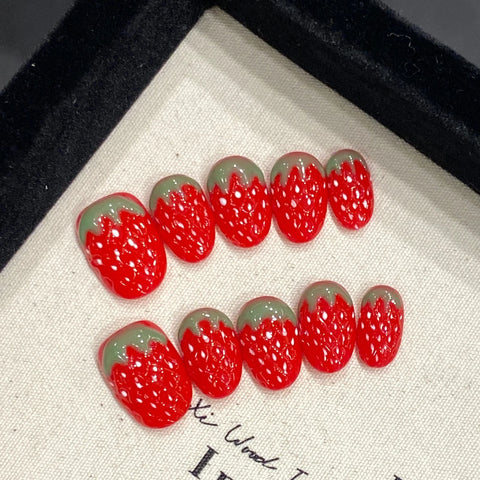 10 uñas postizas de fresa roja, hechas a mano, cortas y redondas, brillantes, con efecto ojo de gato, para usar. 