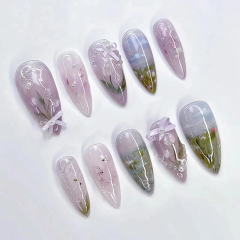 24 uñas postizas de almendra moradas claras con lazos pequeños y decoración de perlas, uñas postizas desmontables para primavera y verano. 