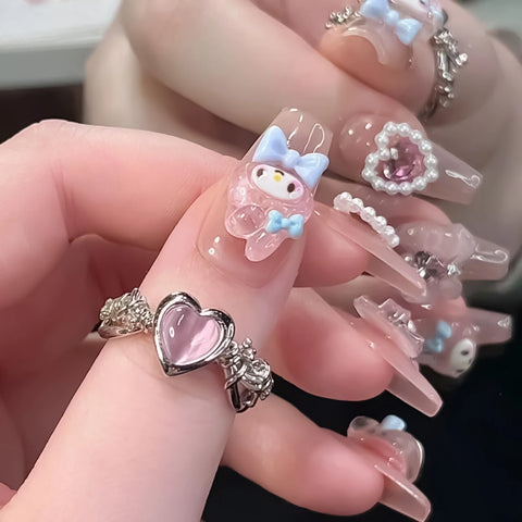 10 Stück handgemachte Press-On-Nägel, hellrosa, süßes Cartoon-Dekor, falsche Nagelflecken, 3D-Bögen, Perlendesign, koreanische gefälschte Nagelspitzen 
