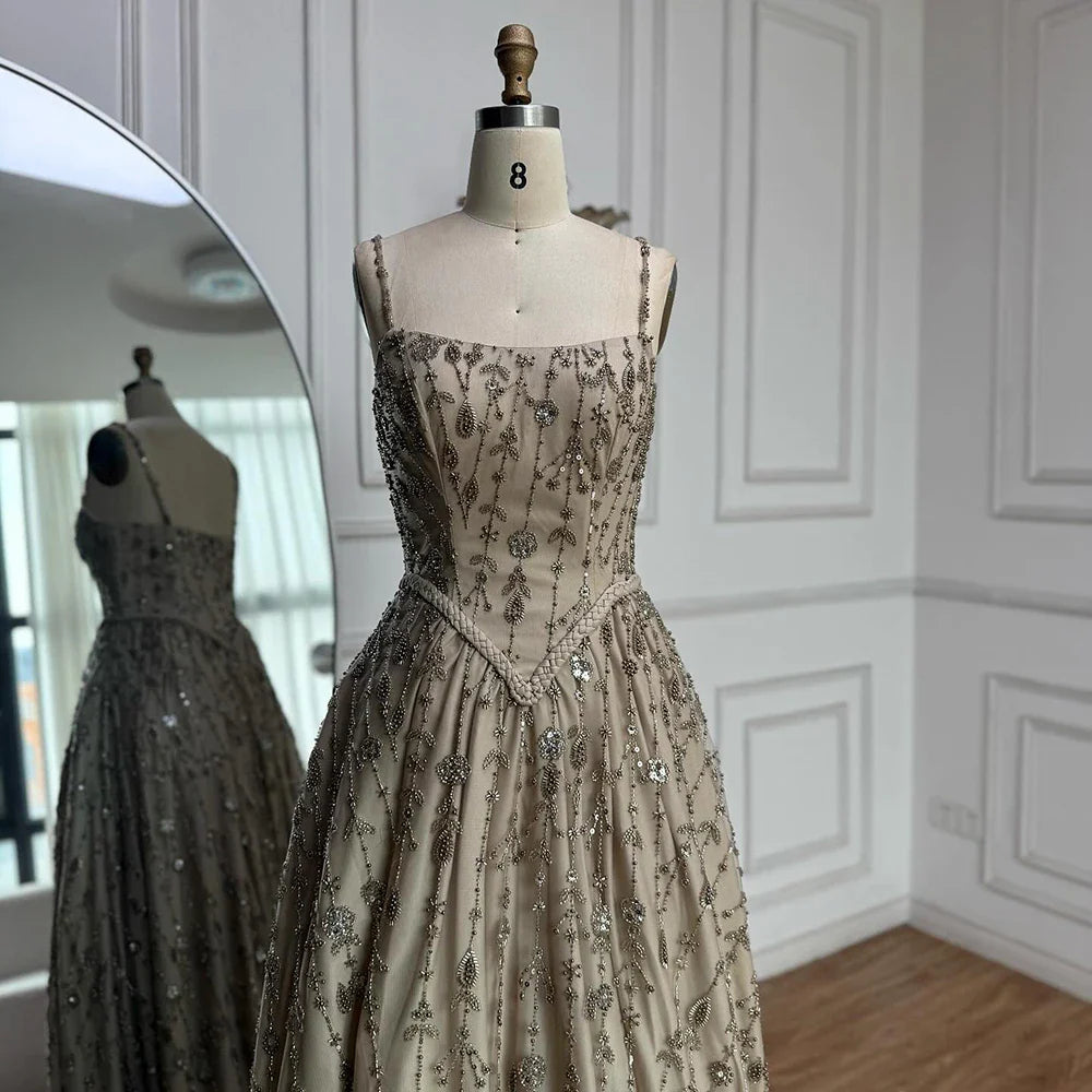 Vestido de noche de lujo verde salvia con cuentas, corte A y tirantes finos LA72805 