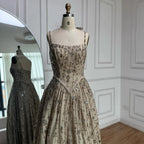 Vestido de noche de lujo verde salvia con cuentas, corte A y tirantes finos LA72805 