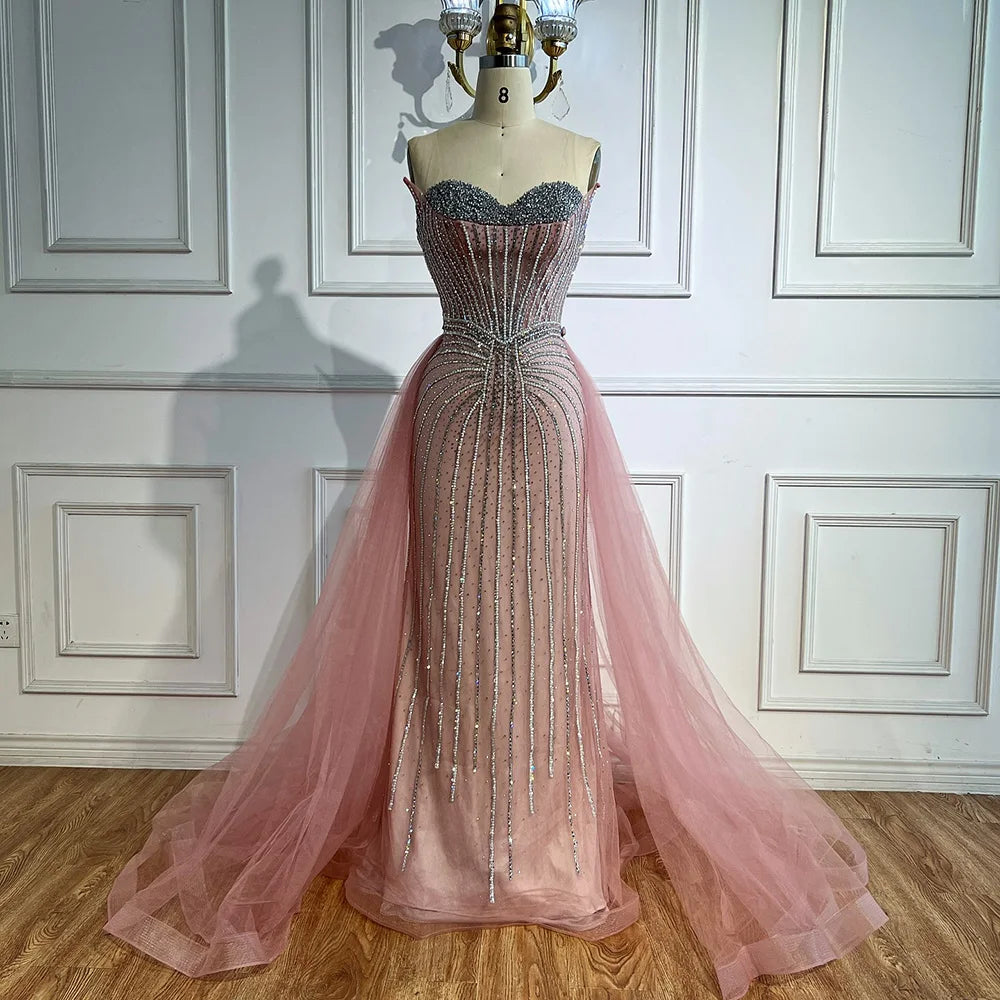 Abendkleid im arabischen Meerjungfrauenstil mit rosa Perlen und Überrock, besetzt mit rosa Perlen, LA72811B