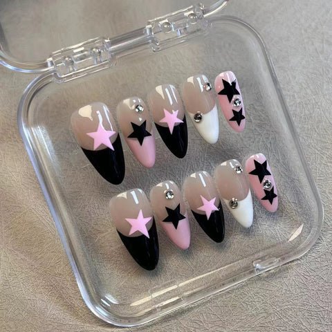 10 uñas postizas hechas a mano, estilo francés, en negro, blanco y rosa, con diseño de estrellas, almendra, para mujer. 