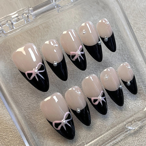 10 uñas postizas francesas negras con lazo, hechas a mano, brillantes, cortas, almendradas, para usar en salón de belleza. 
