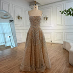 Vestido de noche de lujo color nude, corte A, con perlas y cristales LA72983A 