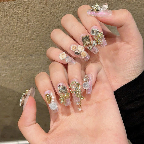 10pcs Medium Length Fake Nail Patch Y2k Style Handmade Press On Nail With Matal Butterfly Chain Decor Glossy Diamond False Nail