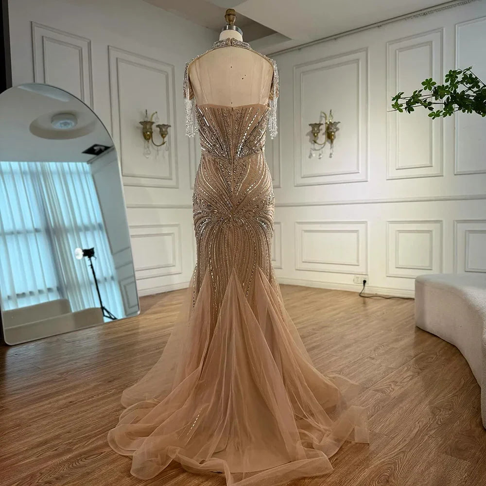 Luxuriöses, nudefarbenes, perlenbesetztes Meerjungfrauen-Abendkleid mit hohem Kragen, LA72897 