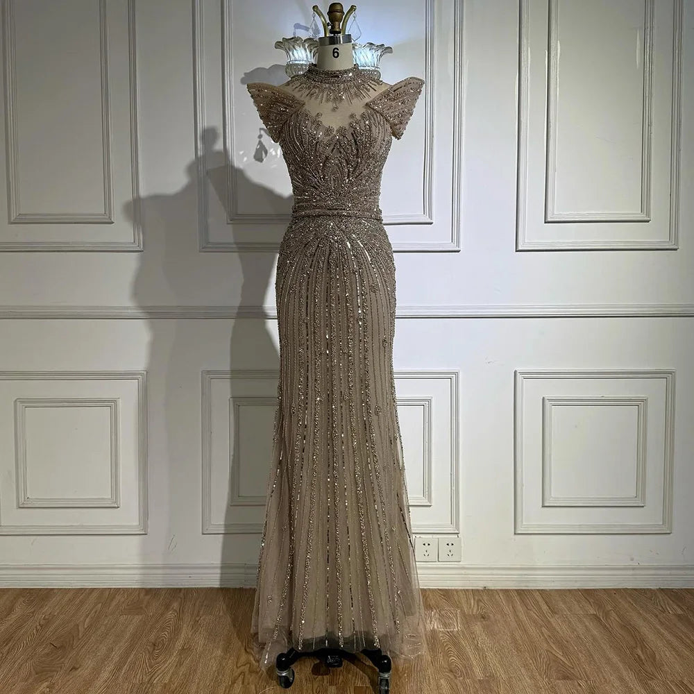 Vestido de noche de lujo color caramelo con cuentas y corte sirena LA73082 