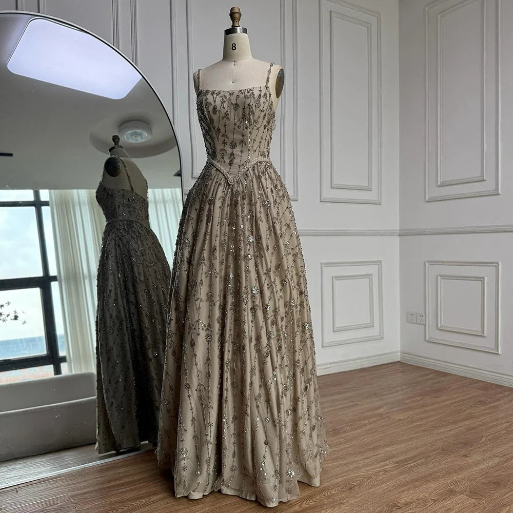 Vestido de noche de lujo verde salvia con cuentas, corte A y tirantes finos LA72805 