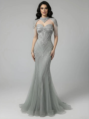 Luxury Nude Beaded High Neck Mermaid Evening Dress LA72897