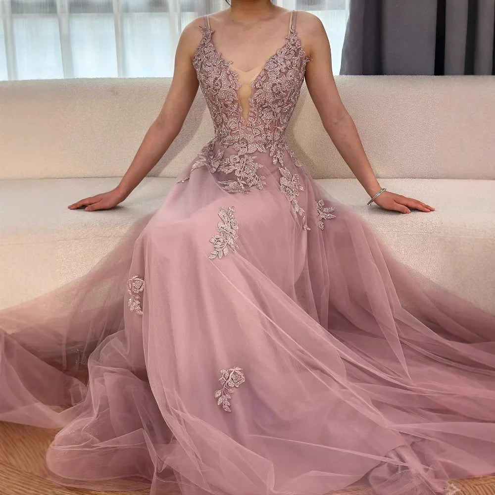 Vestido de fiesta de lujo de encaje verde salvia con tirantes finos, corte A, LA73005