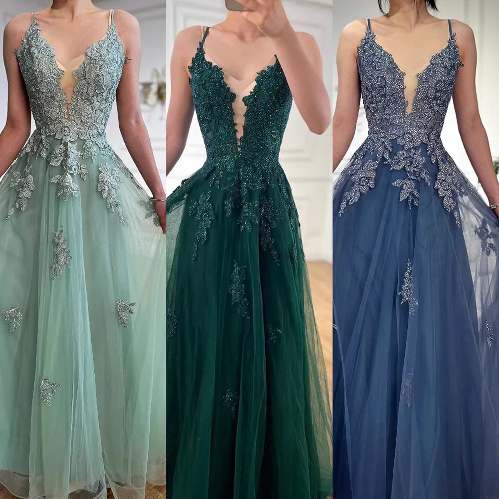 Vestido de fiesta de lujo de encaje verde salvia con tirantes finos, corte A, LA73005