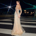 Luxuriöses, nudefarbenes, rosafarbenes Meerjungfrauen-Abendkleid mit Kristallquasten LA72772