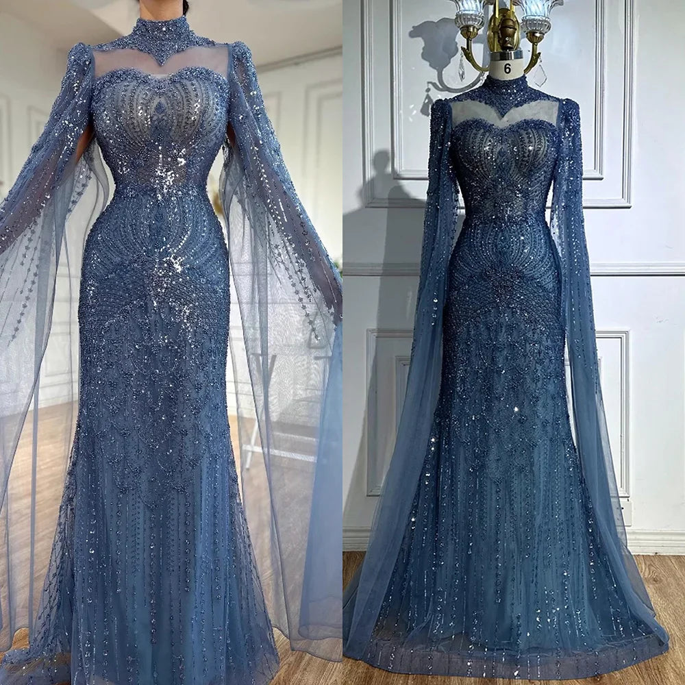Vestido de noche de sirena azul de lujo con capa LA73006