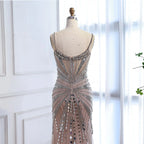 Luxuriöses, nudefarbenes Meerjungfrauen-Abendkleid mit Korsett und Perlenbesatz LA72803A