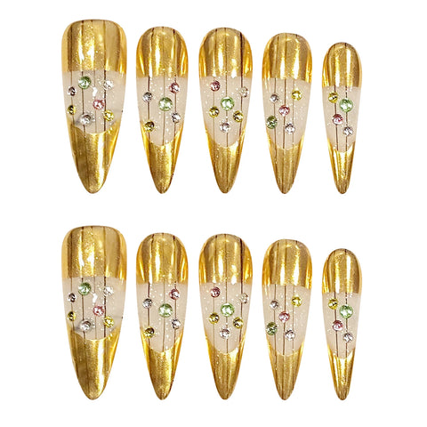 10 Stück handgefertigte goldene Kunstnägel, helles Luxus-Press-On-Nägel mit Flash-Diamant-Design, abnehmbare lange mandelförmige Kunstnägel 