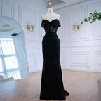 Elegantes schwarzes schulterfreies Spitzen-Abendkleid LA72999