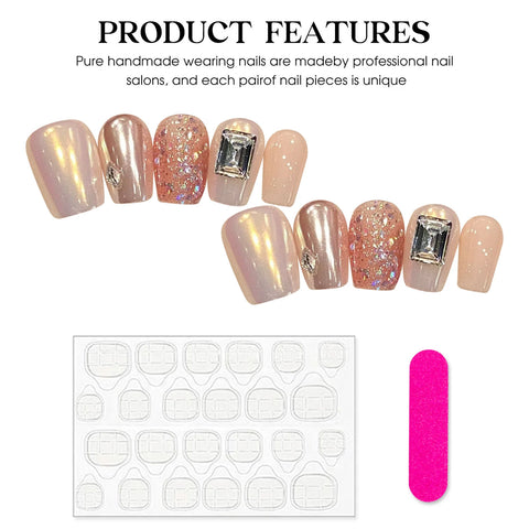 10 Stück kurze quadratische Press-On-Nägel, Aurora Pink, glänzende Strass-Designs, handgefertigte künstliche Nägel, tragbare Flash-Pailletten, falsche Nägel 