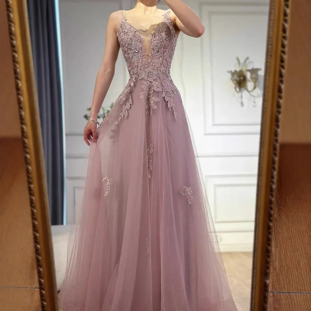Vestido de fiesta de lujo de encaje verde salvia con tirantes finos, corte A, LA73005