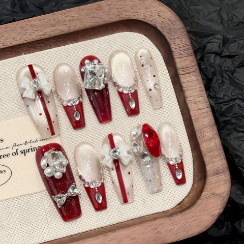 10pcs Spicy Girl Wearable Fake Nails Handmade Bulb Cat's Eye Black French Style False Nail Shiny Rhinetone Press On Nails Coffin