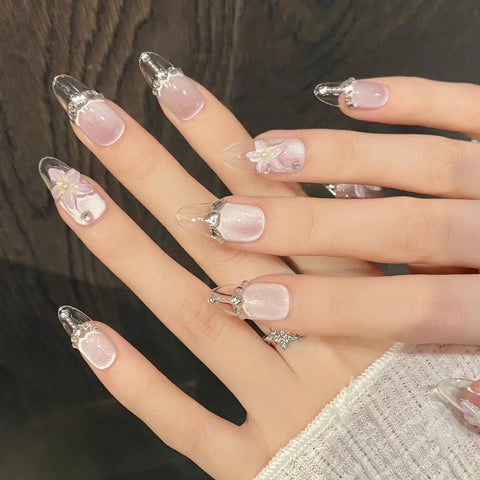 10 uñas postizas 3D con diseño de flor de hielo transparente, con purpurina y diamantes de imitación, color morado claro, estilo ojo de gato francés, hechas a mano. 