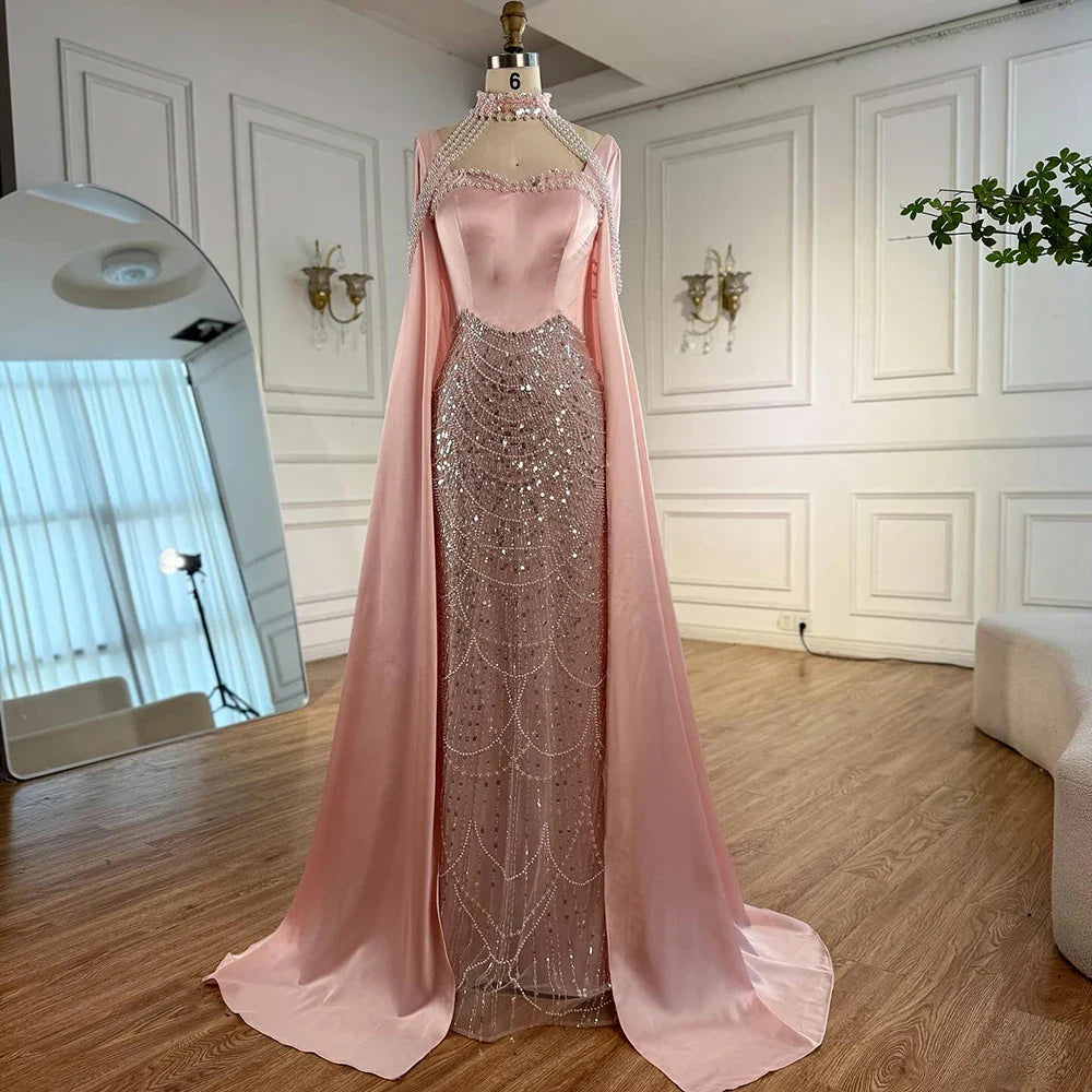 Luxuriöses rosa Abendkleid mit arabischen Perlen und Cape LA73051