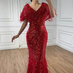 Luxuriöses arabisches rotes Meerjungfrauen-Abendkleid mit Federn und Perlenbesatz LA71323A