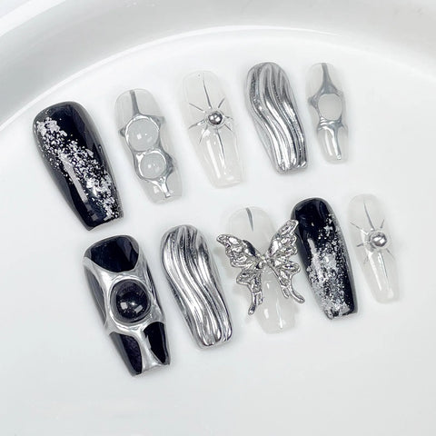 10 uñas postizas francesas negras Y2k hechas a mano con diseño de cocodrilo y estrella de cinco puntas, estilo punk de metal, manicura DIY. 
