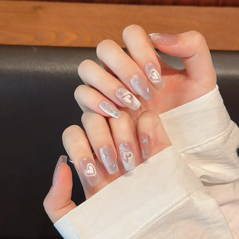 10 uñas postizas hechas a mano con purpurina rosa, corazón de amor, ojo de gato, cobertura completa, uñas postizas de moda para mujeres y niñas. 