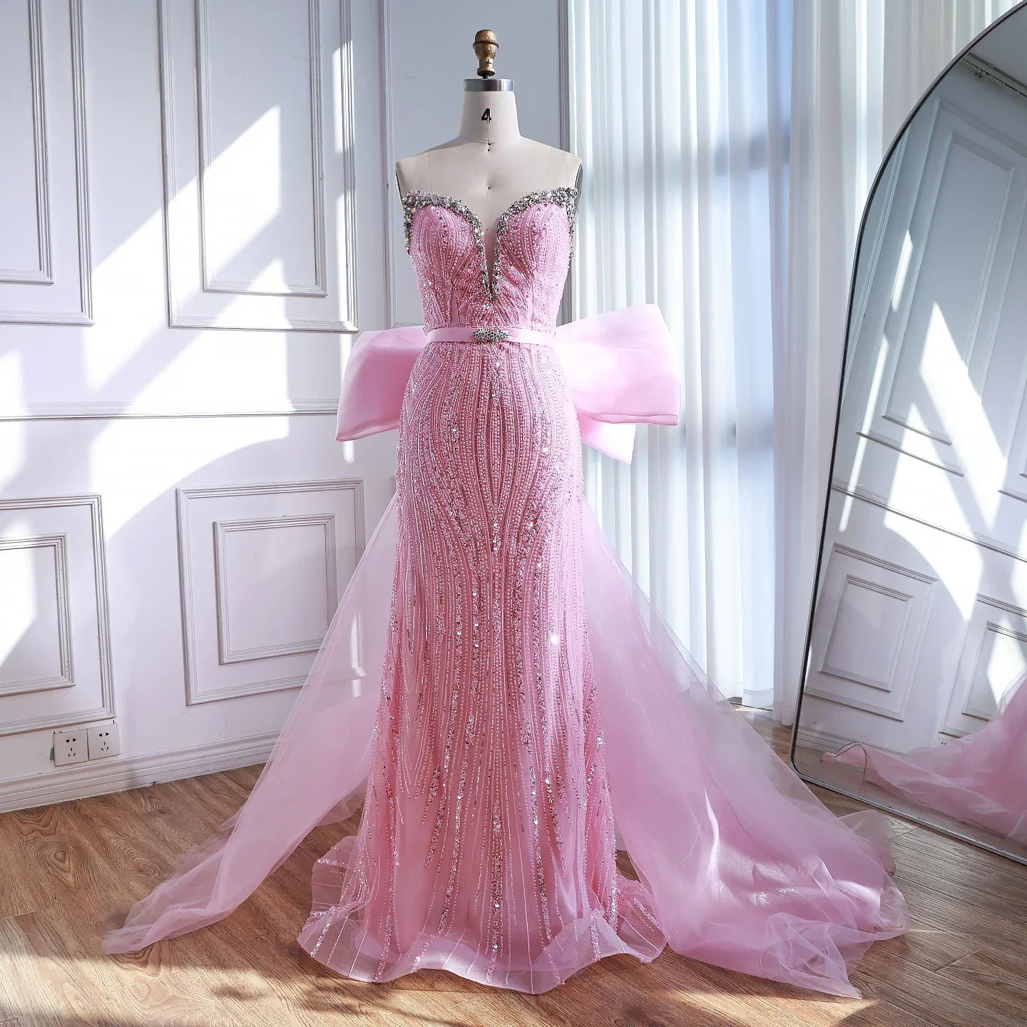Luxuriöses Dubai-Abendkleid in Rosa mit Schleife LA73061A