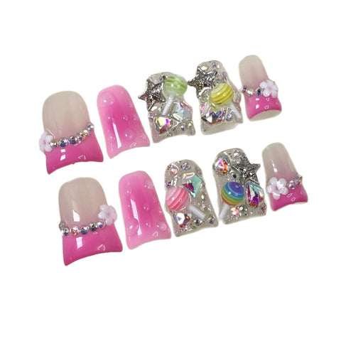10 Stück Fantasy Lollipop Tragbare künstliche Nägel Farbverlauf Pink Französischer Stil Y2k Stern Diamant Drücken Sie auf die Nägel Süßer Entenschnabel Falscher Nagel 