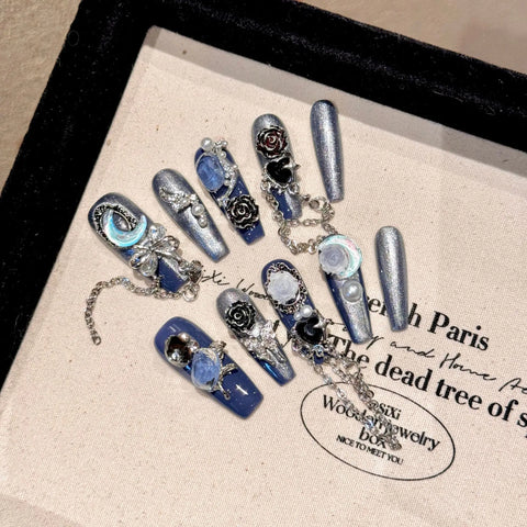 10pcs Baroque Handmade False Nails Mid-length Metal Graffiti Designs Press On Nails Y2k Punk Style Fake Nail Tips For Cool Girl