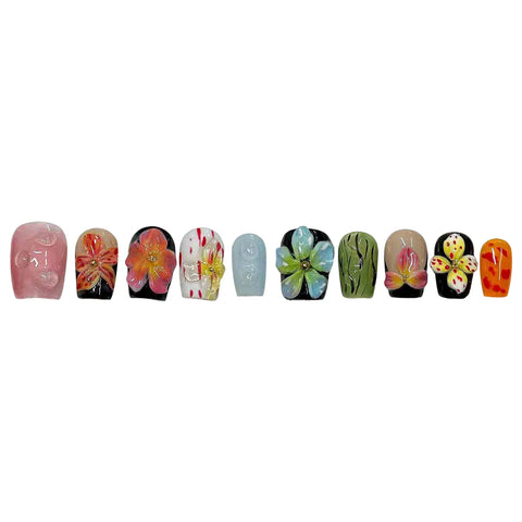 10 uñas postizas hechas a mano con diseños florales 3D de colores, brillantes, cortas, cuadradas, para verano. 