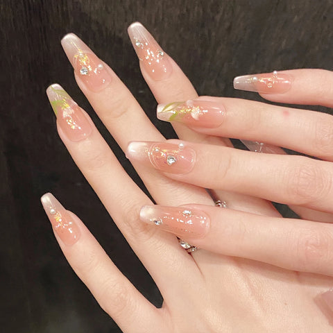 10 Stück Rouge-Katzenaugen-Maniküre, handbemalte Tulpenblume, glänzender Strass, zum Aufdrücken der Nägel, süßes Rosa, Frühlings-/Sommer-Kunstnägel 