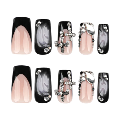 24 uñas postizas negras brillantes para chicas con estilo picante, con brillantes diamantes de imitación, estilo francés, uñas cruzadas a presión, uñas de ataúd de longitud media. 