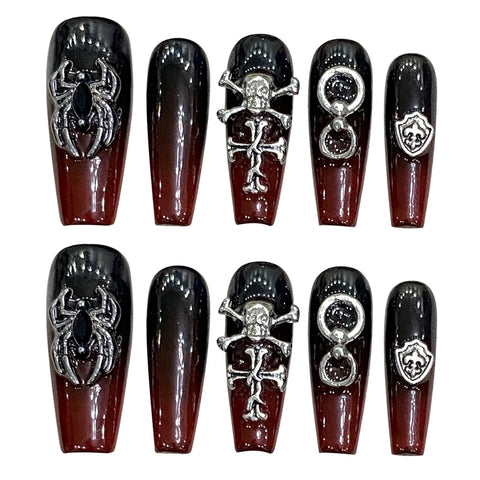 10pcs Handmade Press On Nail Gradient Black Red Retro False Nail Tips Medium Coffin Heavy Metal Punk Style Fake Nail For Girls